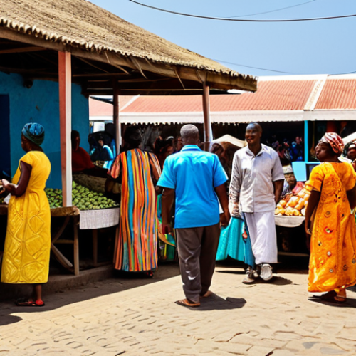 Home 14 **
"A vibrant marketplace scene in Cape Verde, featuring locals conversing in Kriolu. Market stalls display colorful textiles and produce. Everyone is fully clothed in modest, traditional attire. Safe for work, appropriate content, professional photography, perfect anatomy, natural proportions, family-friendly."
**
