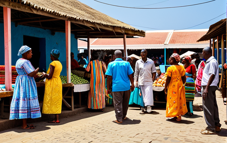**

"A vibrant marketplace scene in Cape Verde, featuring locals conversing in Kriolu. Market stalls display colorful textiles and produce. Everyone is fully clothed in modest, traditional attire. Safe for work, appropriate content, professional photography, perfect anatomy, natural proportions, family-friendly."

**