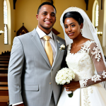 **Traditional Cape Verdean Wedding:** A fully clothed bride in a modest, white and gold traditional wedding dress with embroidery and pearl details, standing in a church with her partner also in a modest suit. Professional photography, perfect anatomy, natural proportions, appropriate content, safe for work, family-friendly.