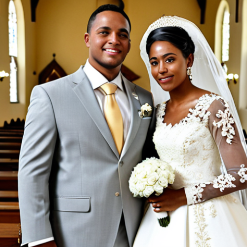 Home 9 **Traditional Cape Verdean Wedding:** A fully clothed bride in a modest, white and gold traditional wedding dress with embroidery and pearl details, standing in a church with her partner also in a modest suit. Professional photography, perfect anatomy, natural proportions, appropriate content, safe for work, family-friendly.