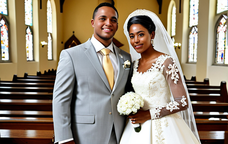 **Traditional Cape Verdean Wedding:** A fully clothed bride in a modest, white and gold traditional wedding dress with embroidery and pearl details, standing in a church with her partner also in a modest suit. Professional photography, perfect anatomy, natural proportions, appropriate content, safe for work, family-friendly.